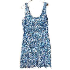 Mango Tango Woman L  Blue Tropical Tiered Ruffle Tank Dress Stretch Sleeveless